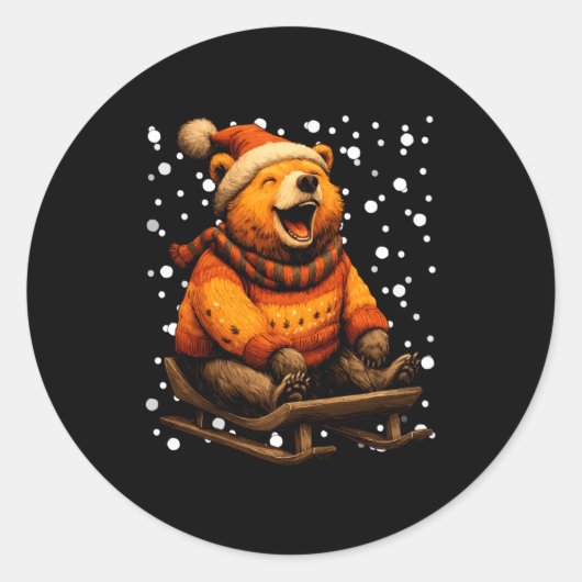 Cute Christmas Bear Sledding In Snow Funny Winter  Ronde Sticker (Voorkant)