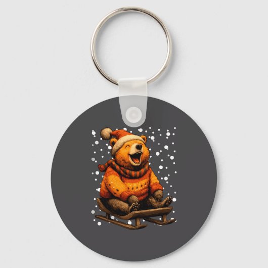 Cute Christmas Bear Sledding In Snow Funny Winter  Sleutelhanger (Voorkant)