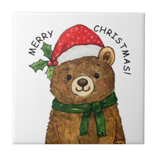 Cute christmas bear with santa hat tegeltje