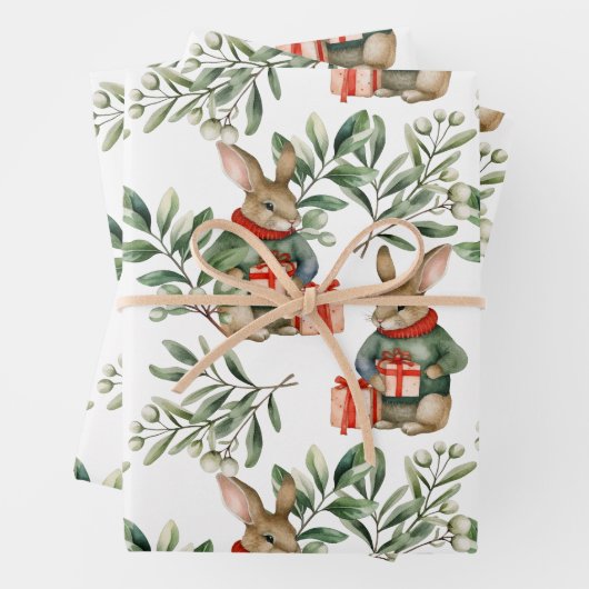 Cute Christmas Bunny Wrapping Paper (In situ)