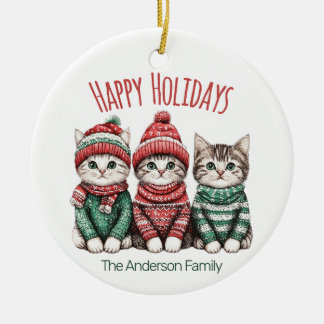 Cute Christmas Cat Ornament | Custom Family Name
