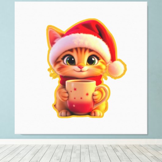 **Cute Christmas Cat with Santa Hat – Funny Holida Canvas Afdruk (Insitu (Houten vloer))