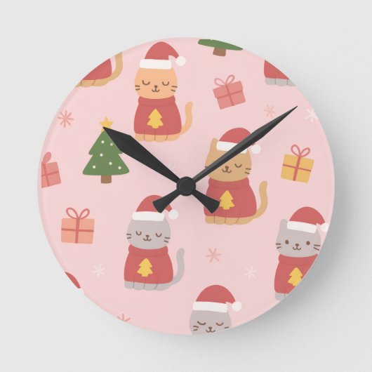 Cute Christmas Cats Pattern – Pink Holiday Design Ronde Klok (Voorkant)