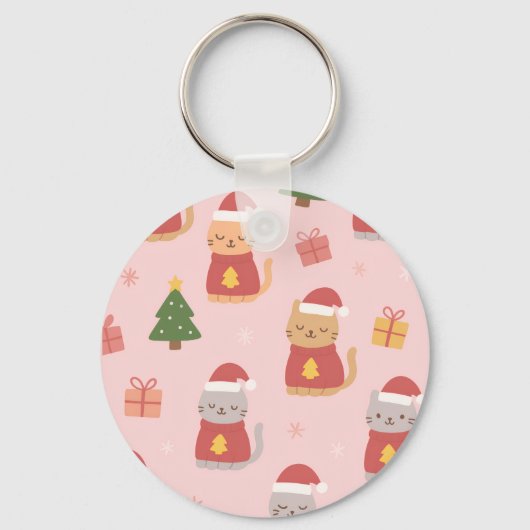 Cute Christmas Cats Pattern – Pink Holiday Design Sleutelhanger (Voorkant)