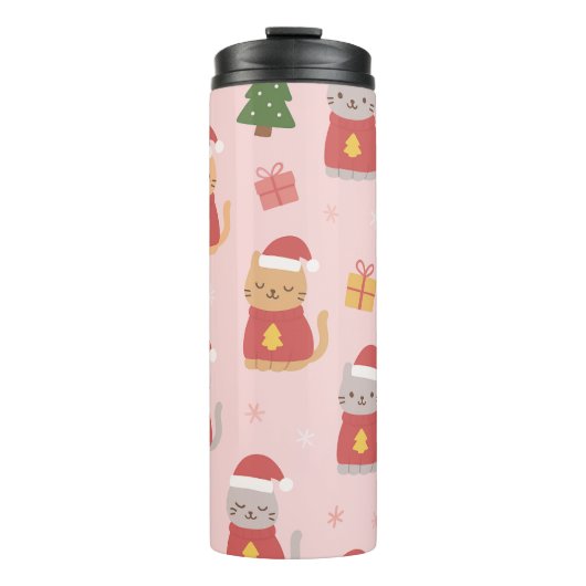 Cute Christmas Cats Pattern – Pink Holiday Design Thermosbeker (Voorkant)