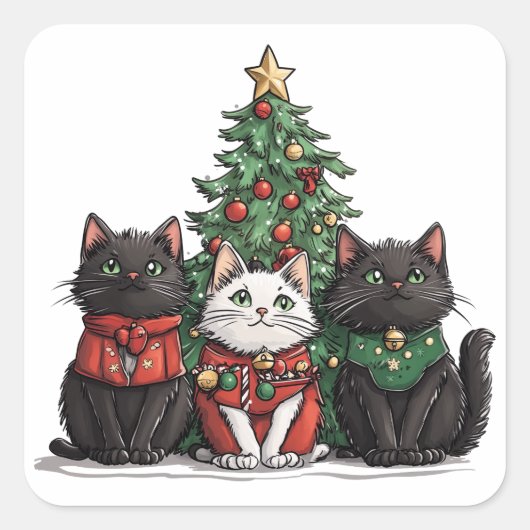 Cute Christmas Cats Vierkante Sticker (Voorkant)