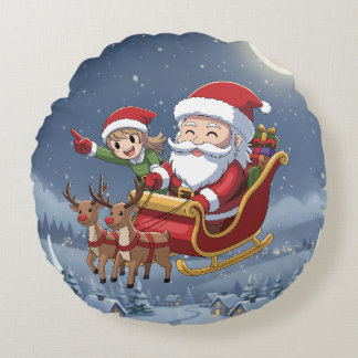Cute Christmas Chibi Santa and Elf Round Pillow Rond Kussen