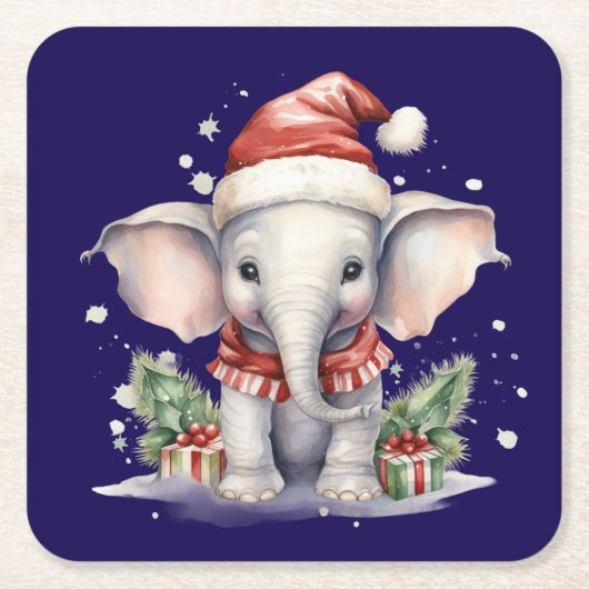 Cute Christmas Elephant Vierkante Kartonnen Onderzetter (Voorkant)