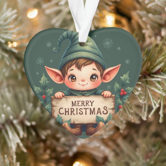 Cute Christmas Elf Holding Merry Sign Green (Arbre)