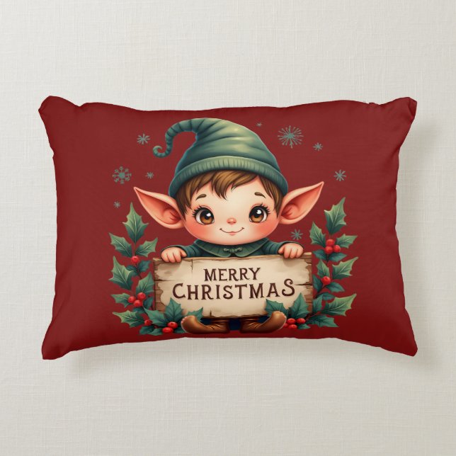 Cute Christmas Elf Holding Merry Sign Red Accent Kussen (Voorkant)
