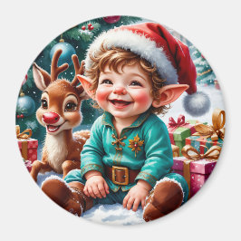 Cute Christmas Elf & Reindeer Magneet