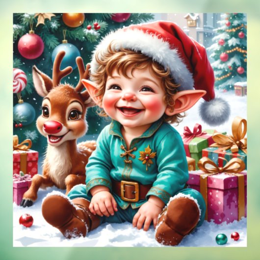 Cute Christmas Elf & Reindeer  Raamsticker (Vel 3)