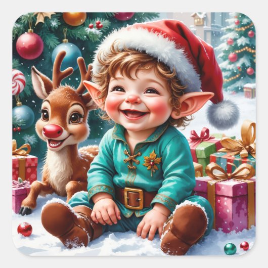 Cute Christmas Elf & Reindeer Vierkante Sticker (Voorkant)