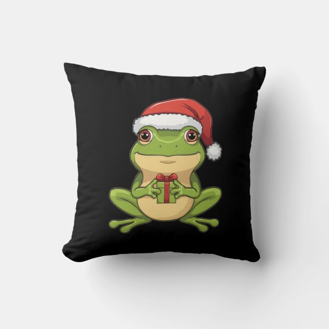 Cute Christmas Frog with Santa Hat Holding  Gift - Kussen (Voorkant)