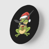 Cute Christmas Frog with Santa Hat Holding Gift - Ronde Klok (Hoek)
