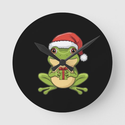 Cute Christmas Frog with Santa Hat Holding Gift - Ronde Klok (Voorkant)