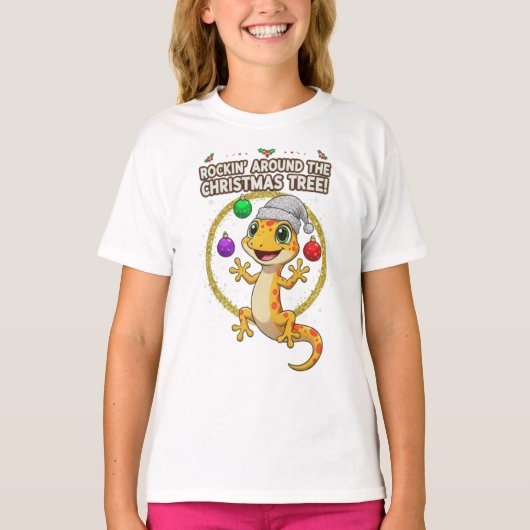Cute Christmas Gecko – Rockin’ Around the Tree Hol T-shirt (Voorkant)