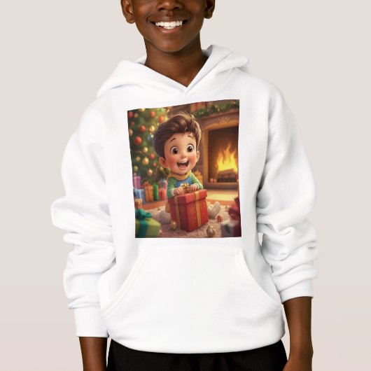 Cute Christmas Gift Opening Cartoon Kid Hoodie – H (Devant)