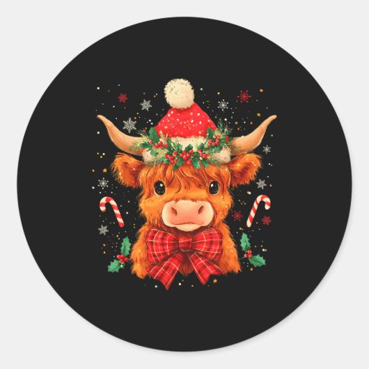 Cute Christmas Highland Cow Mooey Xmas Heifer Sant Ronde Sticker (Voorkant)
