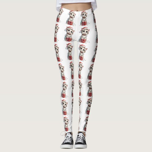 Cute Christmas Kitten on Gift Box Leggings (Voorkant)