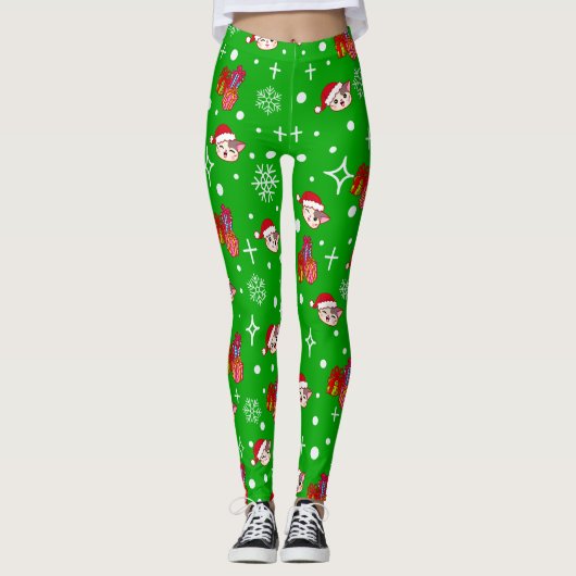 Cute Christmas Kitty Green Leggings (Devant)