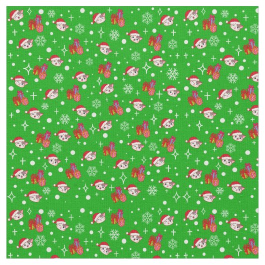 Cute Christmas Kitty Green Vacances Tissu (Fermer)