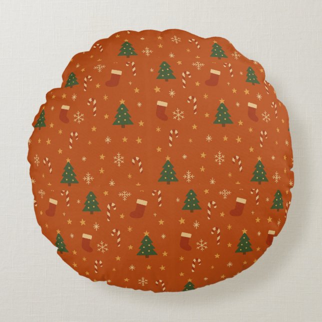 Cute Christmas Pattern – Candy Canes, Trees  Rond Kussen (Voorkant)