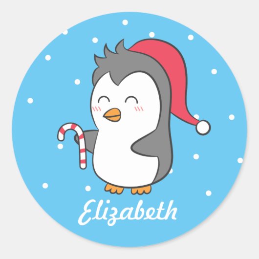 Cute Christmas Penguin Candy Cane Name Stickers (Voorkant)