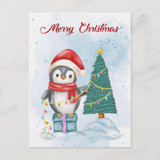 Cute Christmas Penguin Decorating Tree with Lights Feestdagenkaart