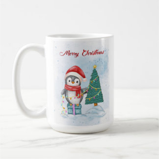 Cute Christmas Penguin Decorating Tree with Lights Koffiemok