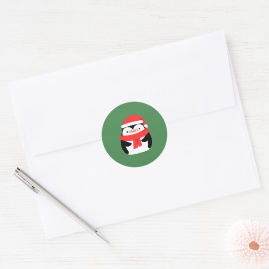 Cute Christmas Penguin in Santa Hat Custom Ronde Sticker (Envelop)