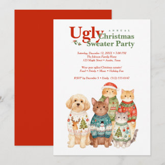Cute Christmas Pets Sweater Party Red TMF26 Kaart