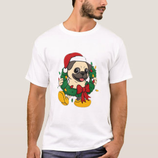 Cute Christmas Pug with Festive Wreath T-shirt