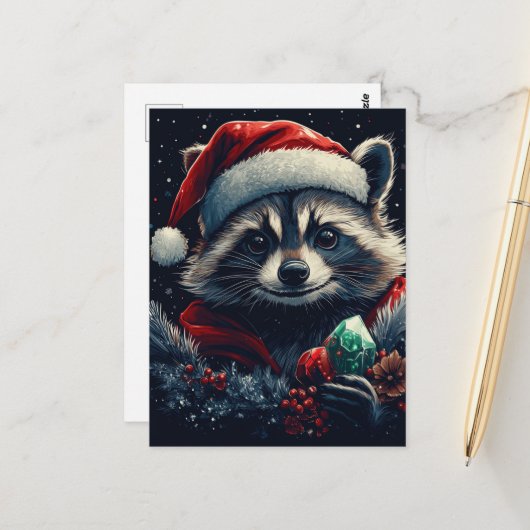 Cute Christmas Raccoon Briefkaart (Voorkant / Achterkant in situ)