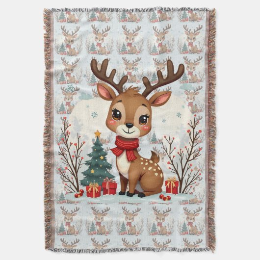 Cute Christmas Reindeer Scene Snowy Forest Deken (Voorkant Verticaal)