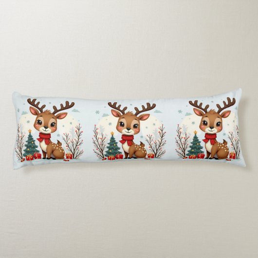 Cute Christmas Reindeer Scene Snowy Forest Lichaamskussen (Achterkant)