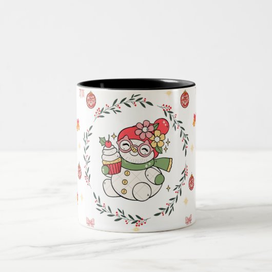 Cute Christmas Snowman Mug with Wreath Tweekleurige Koffiemok (Center)