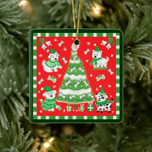 Cute Christmas Tree and Puppy Dogs with Bones Keramisch Ornament (Boom)