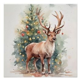 Cute Christmas tree reindeer cozy Holiday Wall Art Perfect Poster