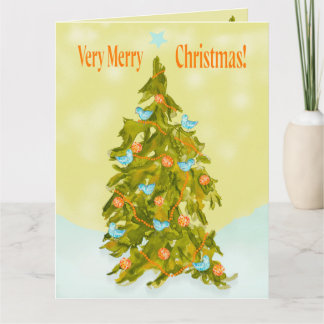 Cute Christmas Tree with Blue Birds Kaart