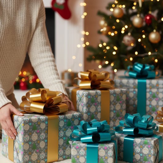 Cute Christmas Trees & Ornaments On Silver Cadeaupapier