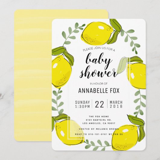 Cute Citron Citrus Baby shower blanc Invitation (Devant / Derrière)