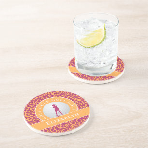 Cute Classic Golfer Silhouette Name Pink Oranje Zandsteen Onderzetter