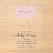 Cute Cloud and Hearts Pink and Gold Baby shower Acryl Uitnodigingen (Voorkant)