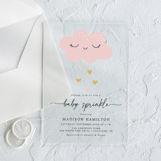 Cute Cloud and Hearts Pink and Gold Baby Sprinkle Acryl Uitnodigingen