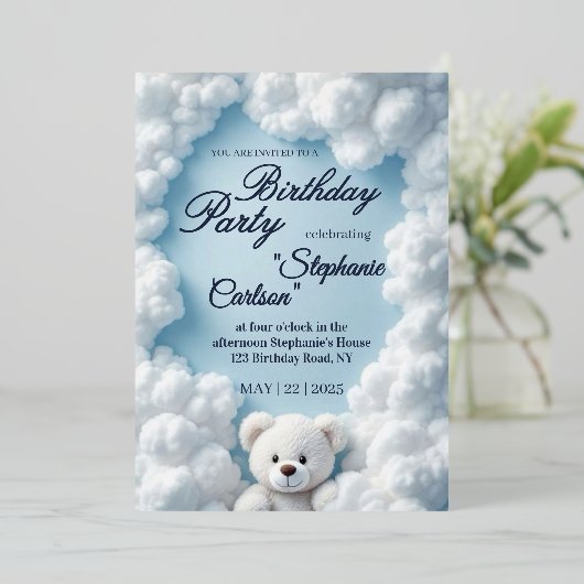 Cute Cloud & Teddy Bear Birthday Invitation (Debout devant)