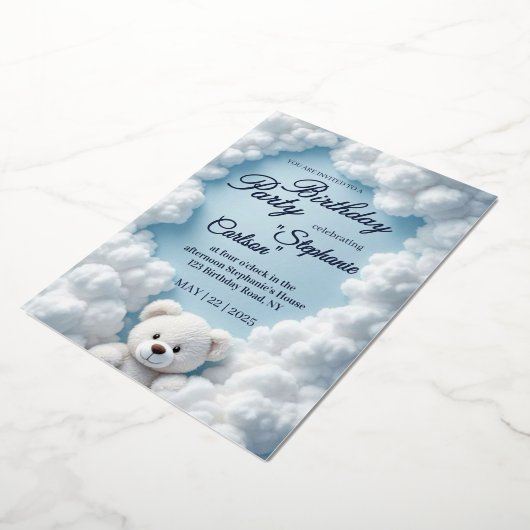 Cute Cloud & Teddy Bear Birthday Invitation (Rotation)