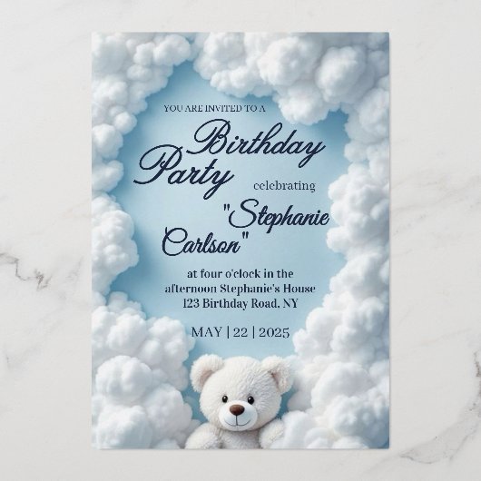 Cute Cloud & Teddy Bear Birthday Invitation Folie Uitnodiging (Voorkant)