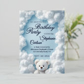 Cute Cloud & Teddy Bear Birthday Invitation Folie Uitnodiging (Staand Voorkant)