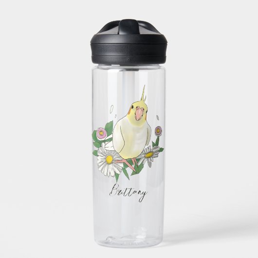 Cute Cockatiel Floral Custom Name Waterfles (Voorkant)